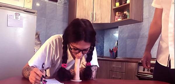  Schoolgirl studying cocksucking and in reward gets big cock, lots of cum on face
